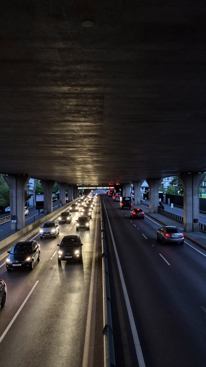 London Blue Hour Flyover Underneath Striped Shadows From Passing Traffic Illuminating Industrial Urban Scene in in London, United Kingdom