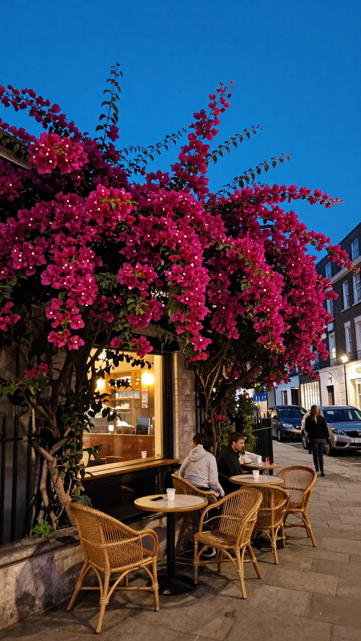 London Blue Hour Street Scene With Bougainvillea And Rattan Furniture in in London, United Kingdom