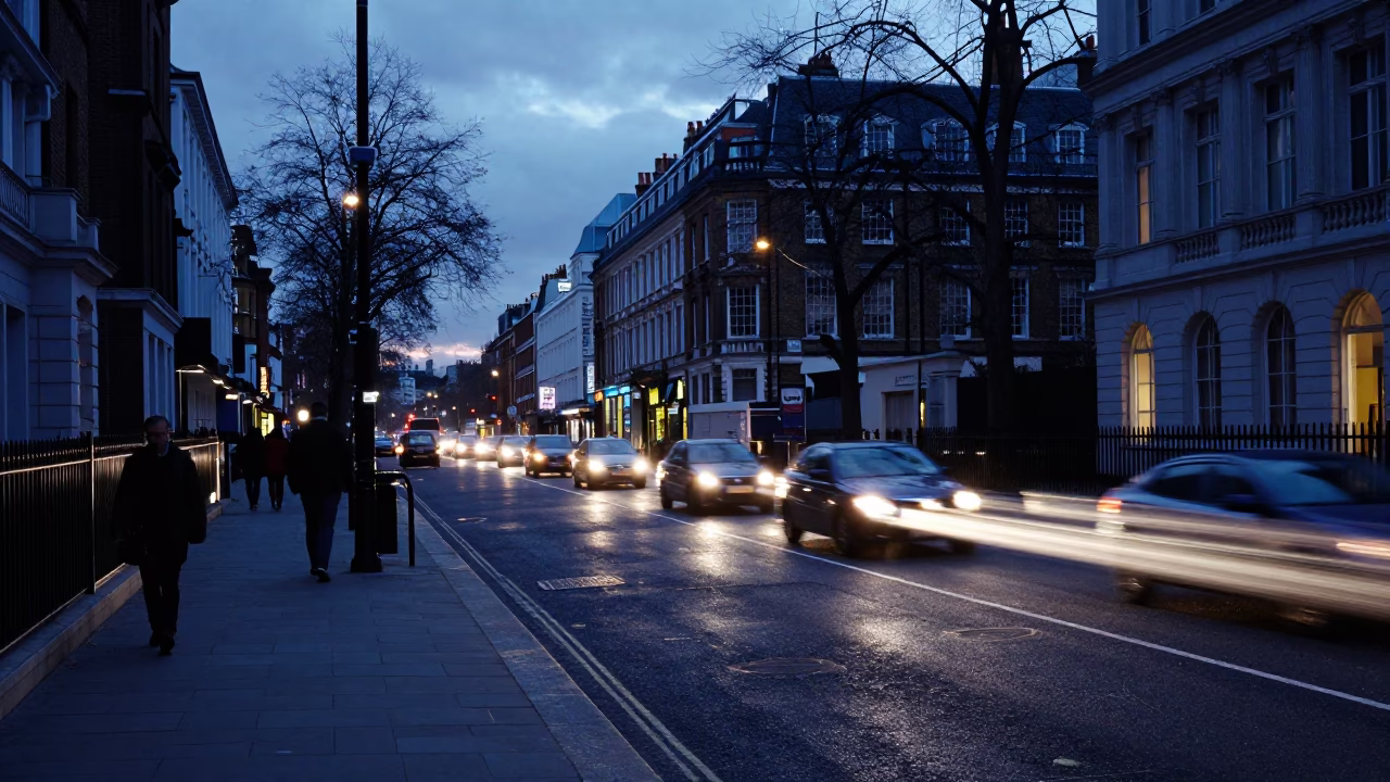 London Blue Hour Street Scene with Car Headlights and Urban Atmosphere in in London, United Kingdom