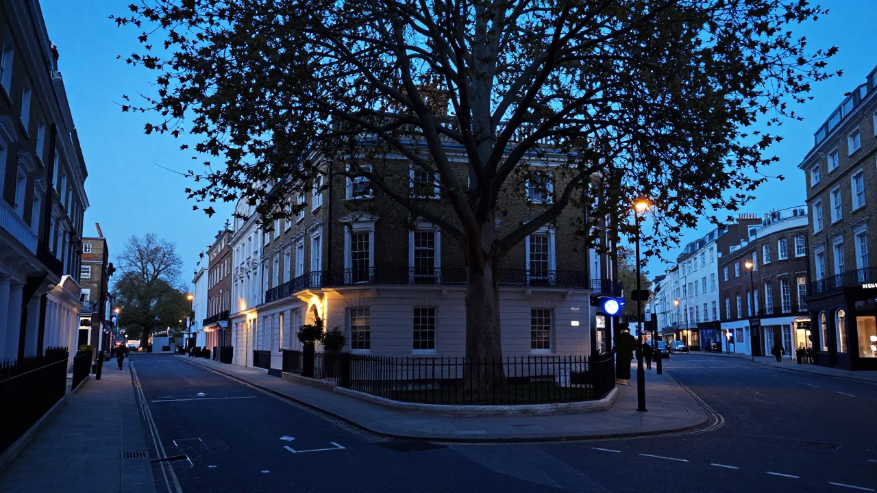 London Blue Hour Street Scene with Copper Beech Tree and Classic Red Bus in in London, United Kingdom