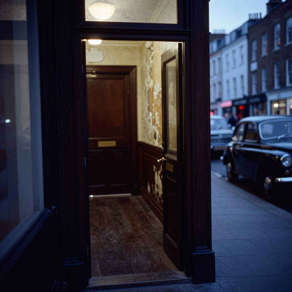 London Blue Hour Street Scene with Doorframe and Vintage Car in in London, United Kingdom