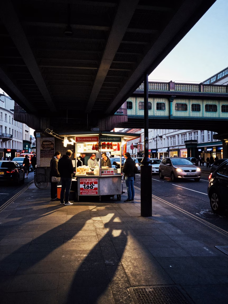 London Blue Hour Street Scene with Flyover Shadows and Food Vendor in in London, United Kingdom