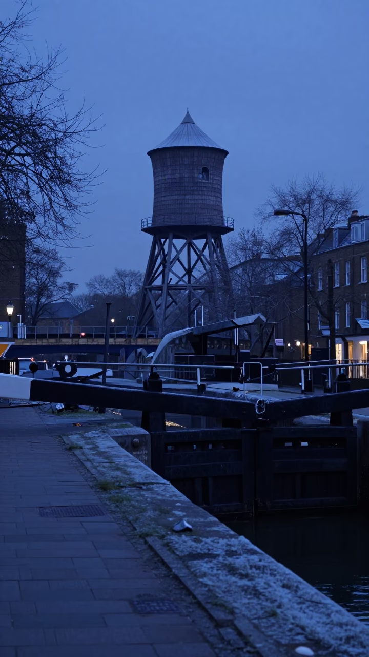 London Blue Hour Street Scene with Frosty Water Tower and Urban Canal Lock Gates in in London, United Kingdom