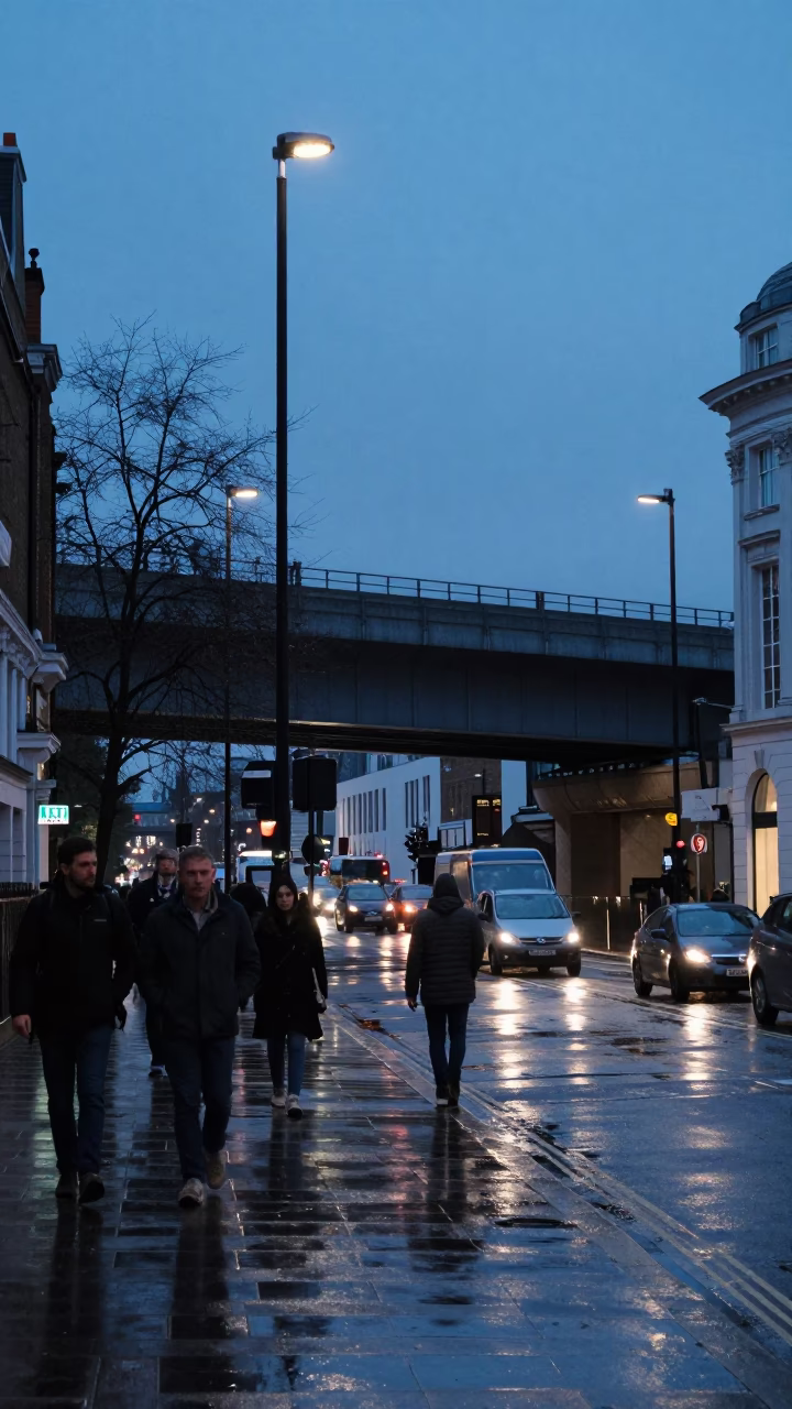 London Blue Hour Street Scene with Highway Flyover and Urban Details in in London, United Kingdom
