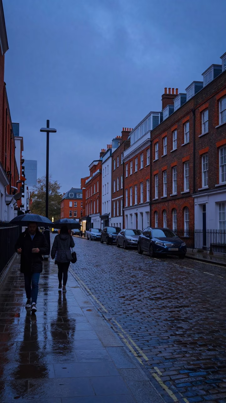 London Blue Hour Street Scene with Rain-Slicked Cobblestones and Brick Facades in in London, United Kingdom