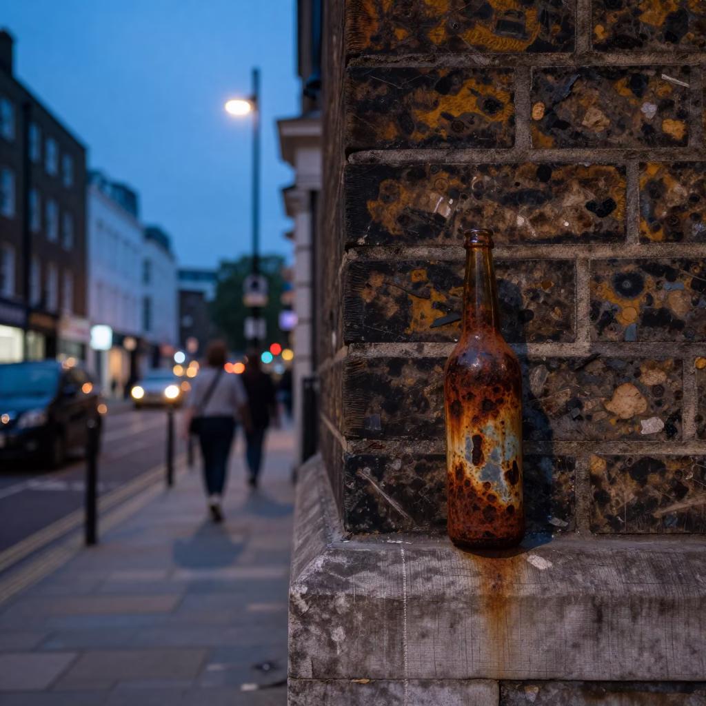 London Blue Hour Street Scene with Rusty Bottle Neck and Linen Lamp Detail in in London, United Kingdom