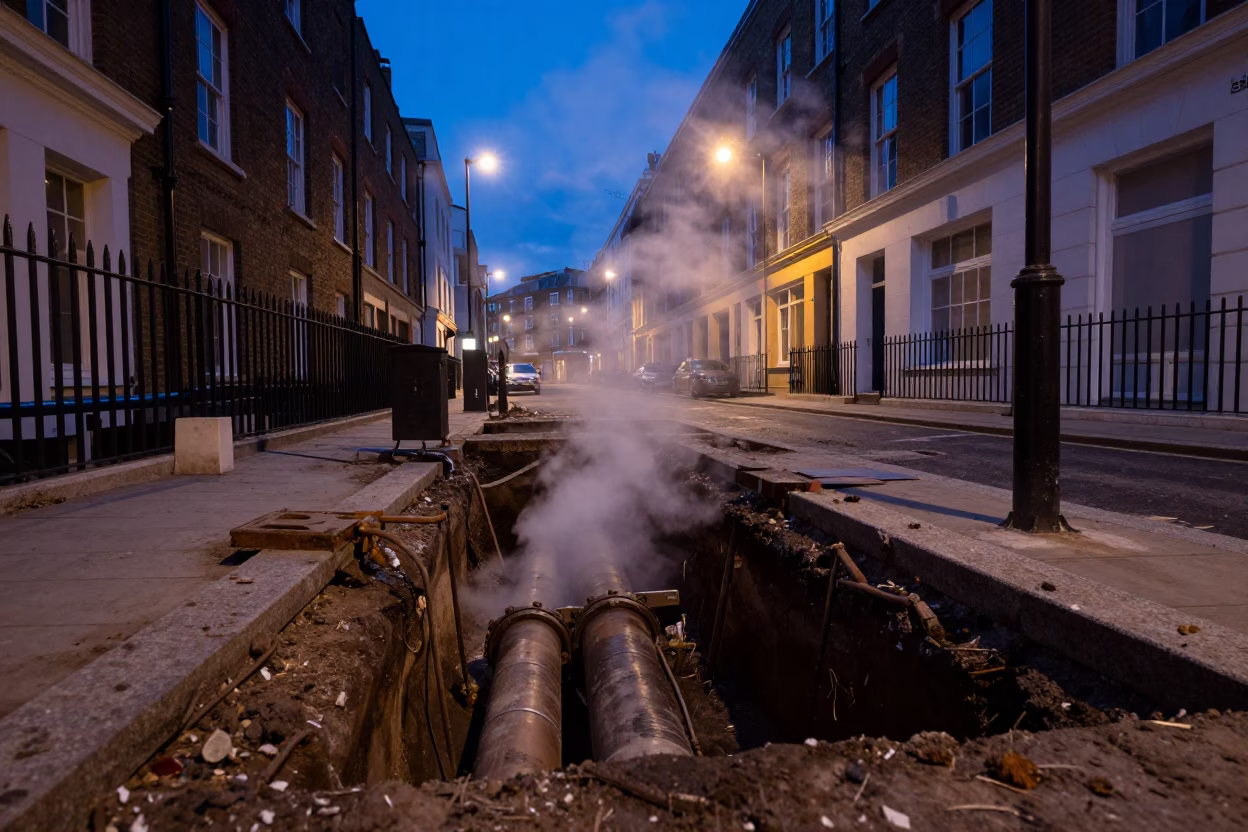 London Blue Hour Street Scene with Steaming District Heating Pipe Trench and Autumn Leaves in in London, United Kingdom
