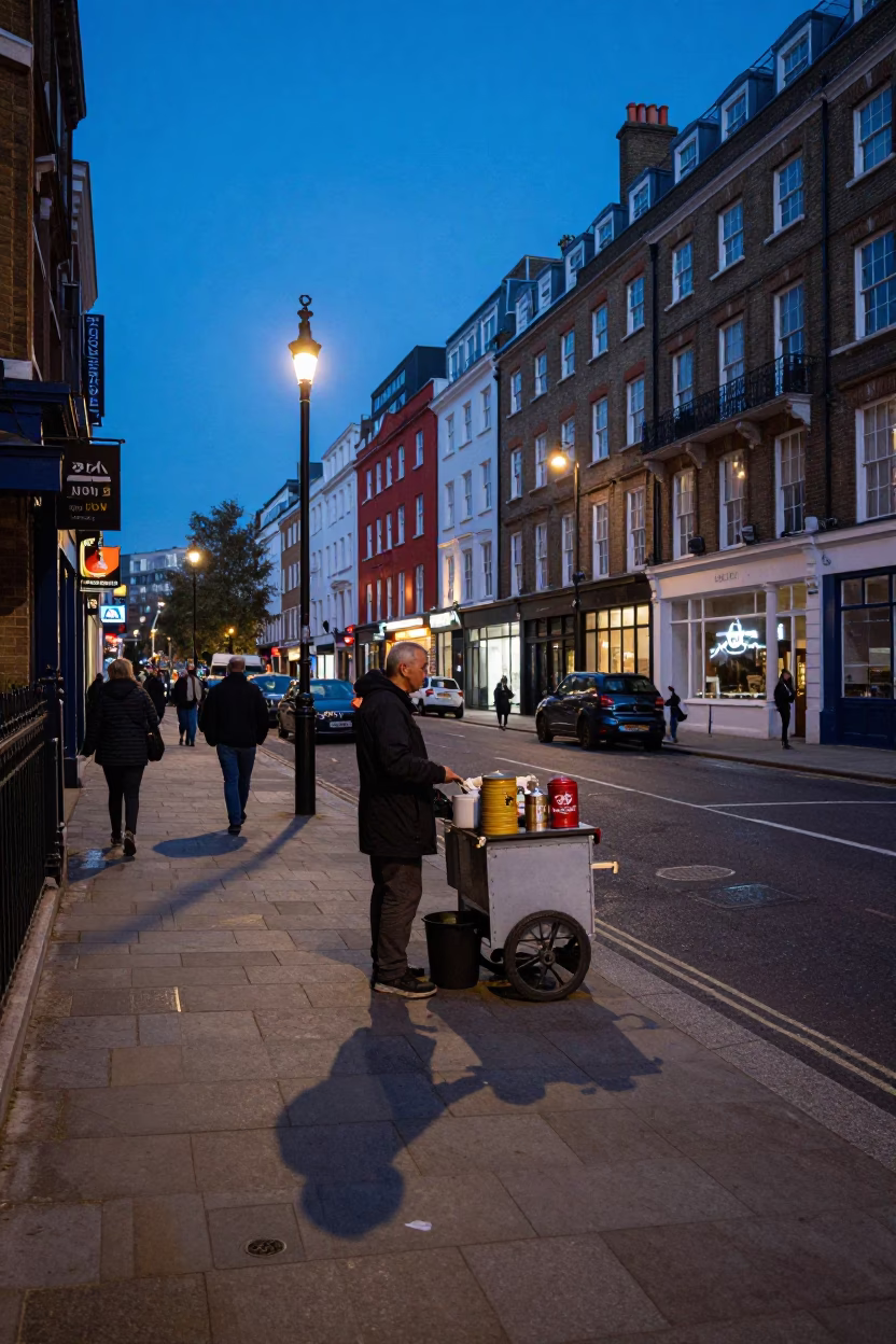 London Blue Hour Street Scene with Tea Canister and Colorful Urban Life in in London, United Kingdom