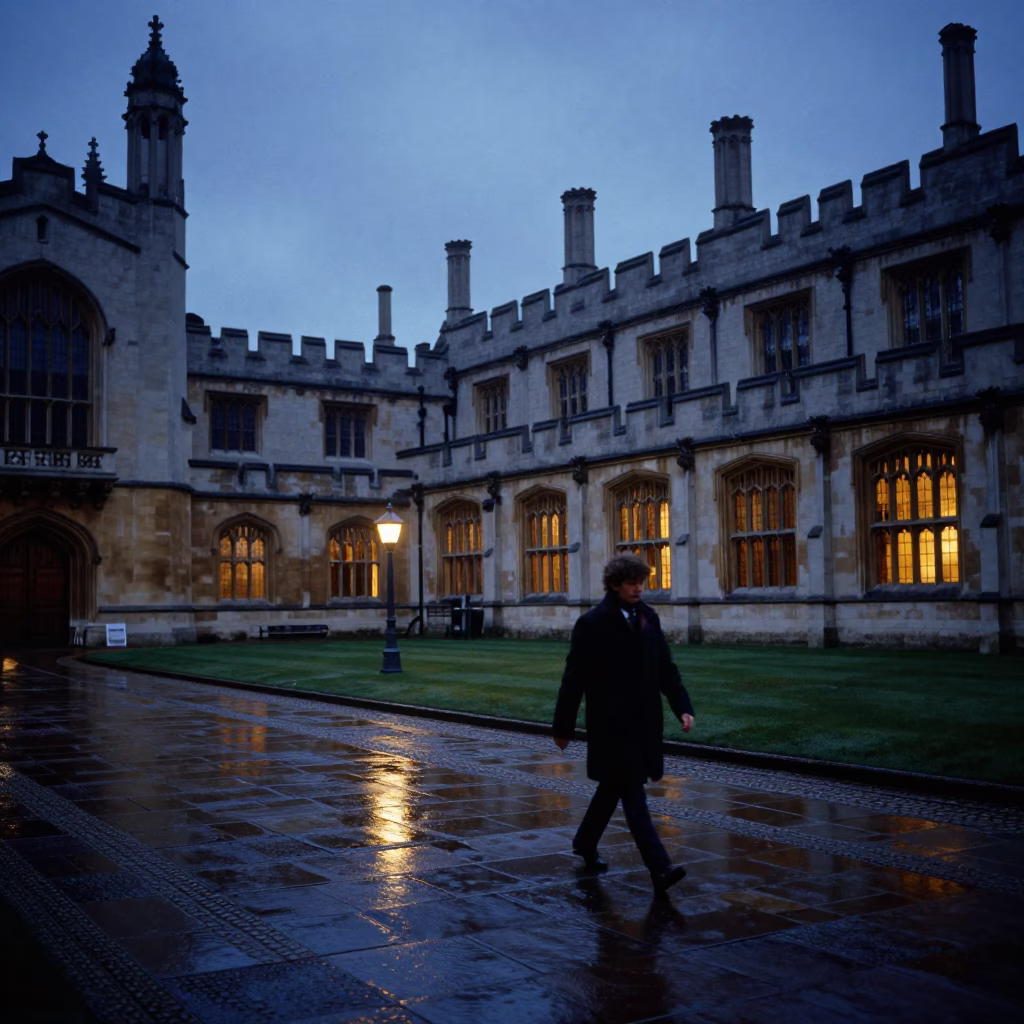 London Blue Hour Street Scene with University Cloister and Wet Flagstones in in London, United Kingdom