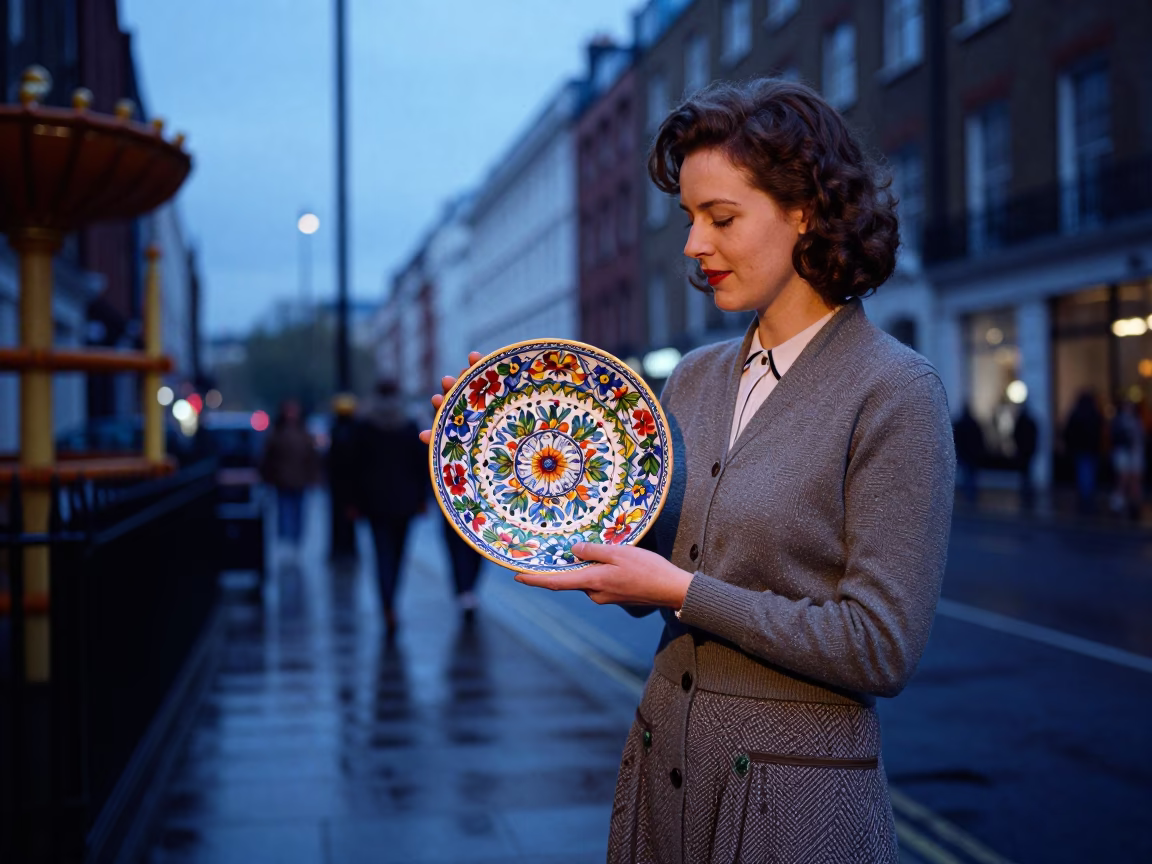 London Blue Hour Street Scene with Vintage Majolica Plate and Spindle Chair in in London, United Kingdom