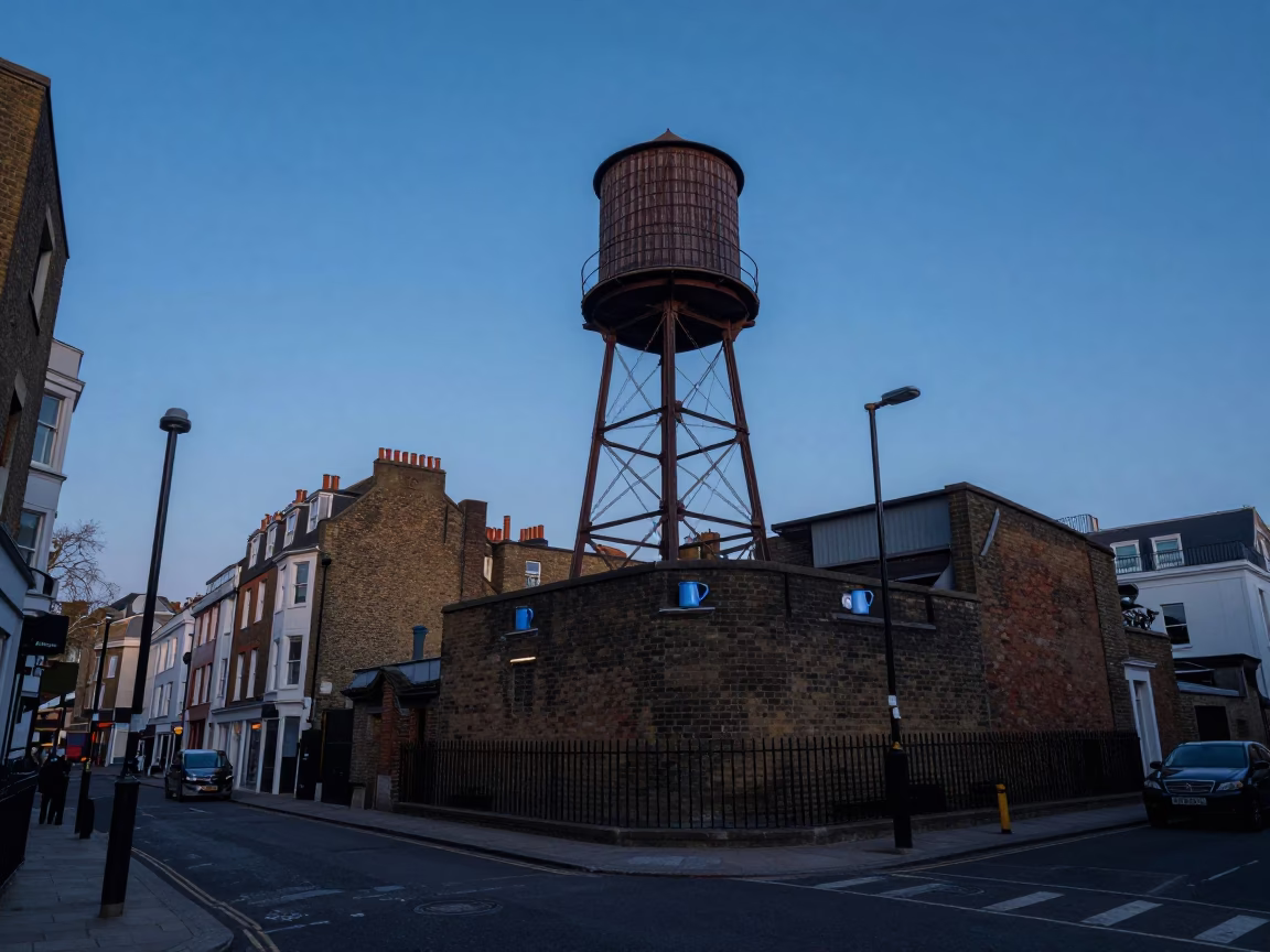 London Blue Hour Street Scene with Water Tower and Enamel Pitcher in in London, United Kingdom