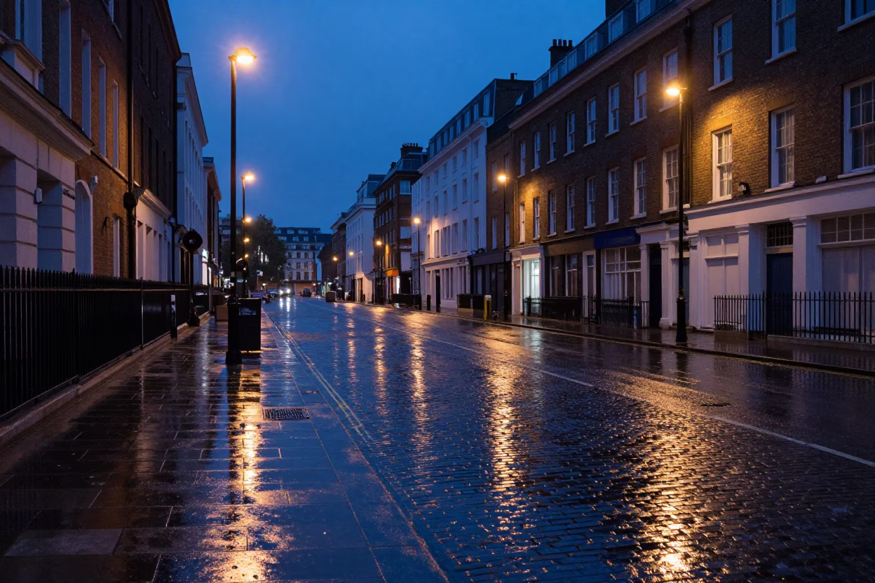London Blue Hour Street Scene with Wet Pavement Reflections and Urban Architecture in in London, United Kingdom