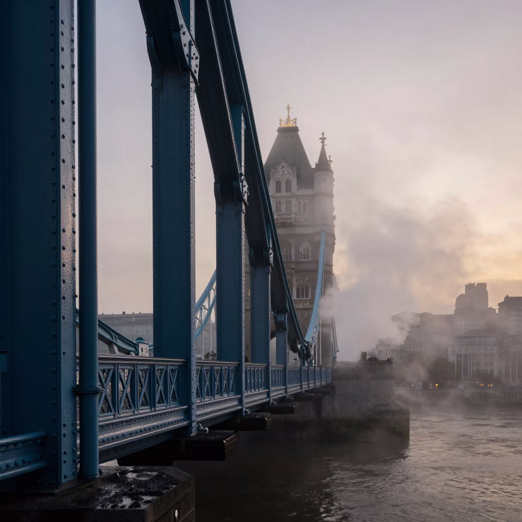 London Bridge Pier at Dawn with Steam and Urban Reflections in in London, United Kingdom
