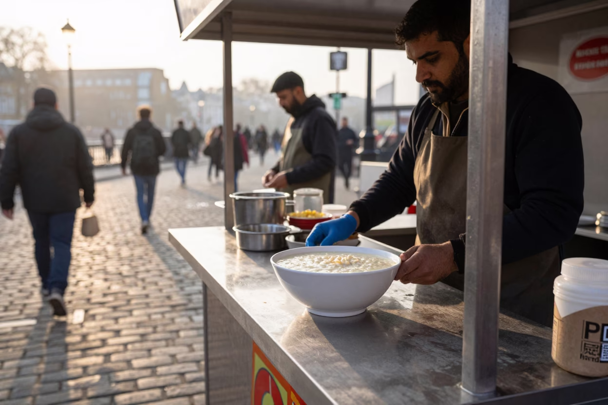 London Bridge Street Food Vendor with Kheer and Cleaning Tools at Sunrise in in London, United Kingdom