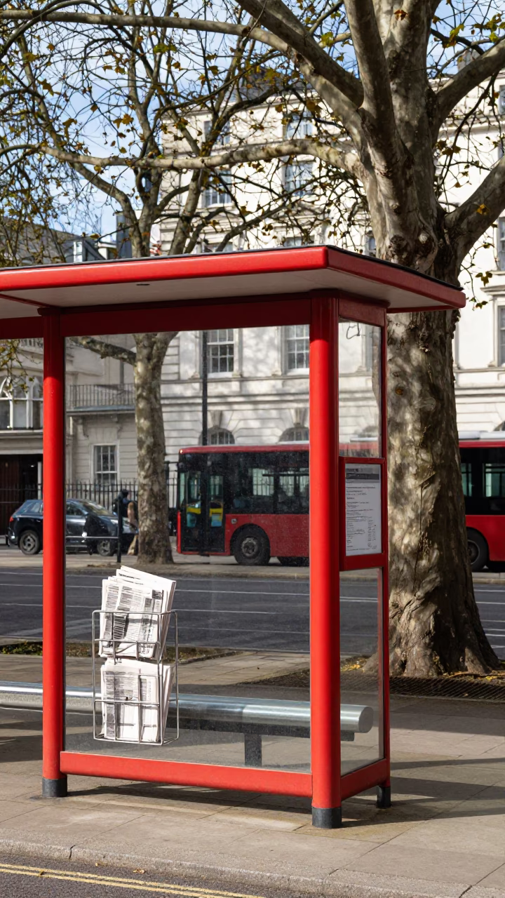 London Bus Stop Shelter with Copper Beech Tree and Magazine Rack Under Noon Sun in in London, United Kingdom