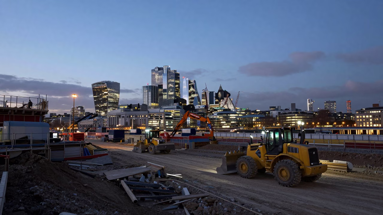 London Construction Site at Dusk with Bulldozer and City Skyline Lights in in London, United Kingdom