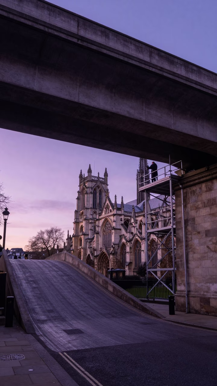 London Dawn Street Scene with Overpass Ramp and Stone Gargoyle Detail in in London, United Kingdom