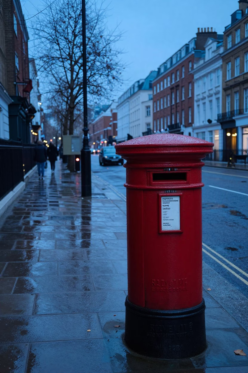 London Dawn Street Scene with Red Post Box and Wet Pavement Reflections in in London, United Kingdom