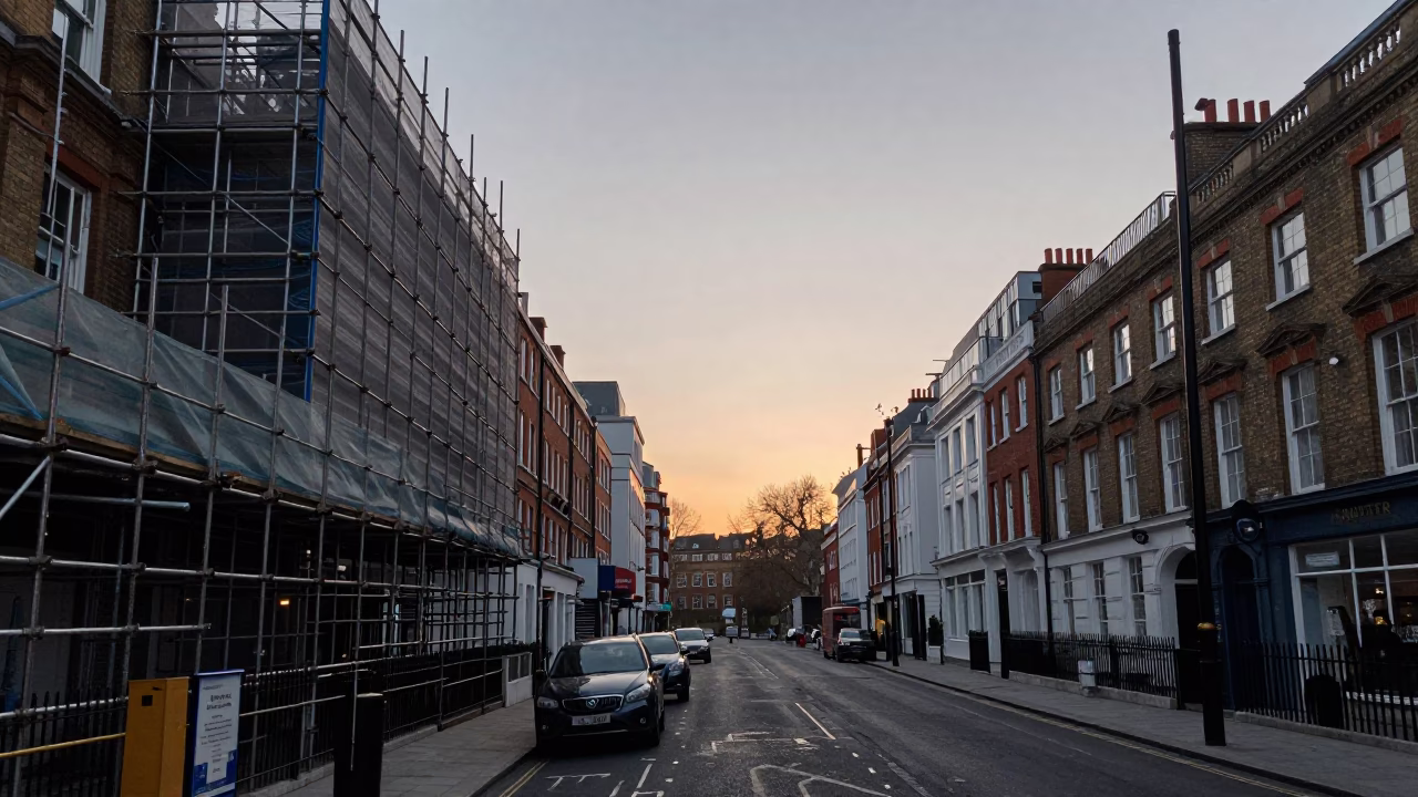 London Dawn Street Scene with Scaffolding and Urban Details Before Sunrise in in London, United Kingdom