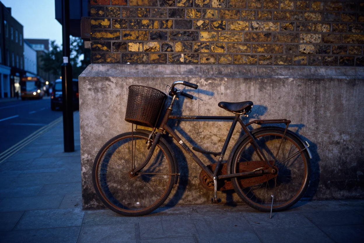 London Dawn Street Scene with Vintage Bicycle and Concrete Brutalist Architecture in in London, United Kingdom