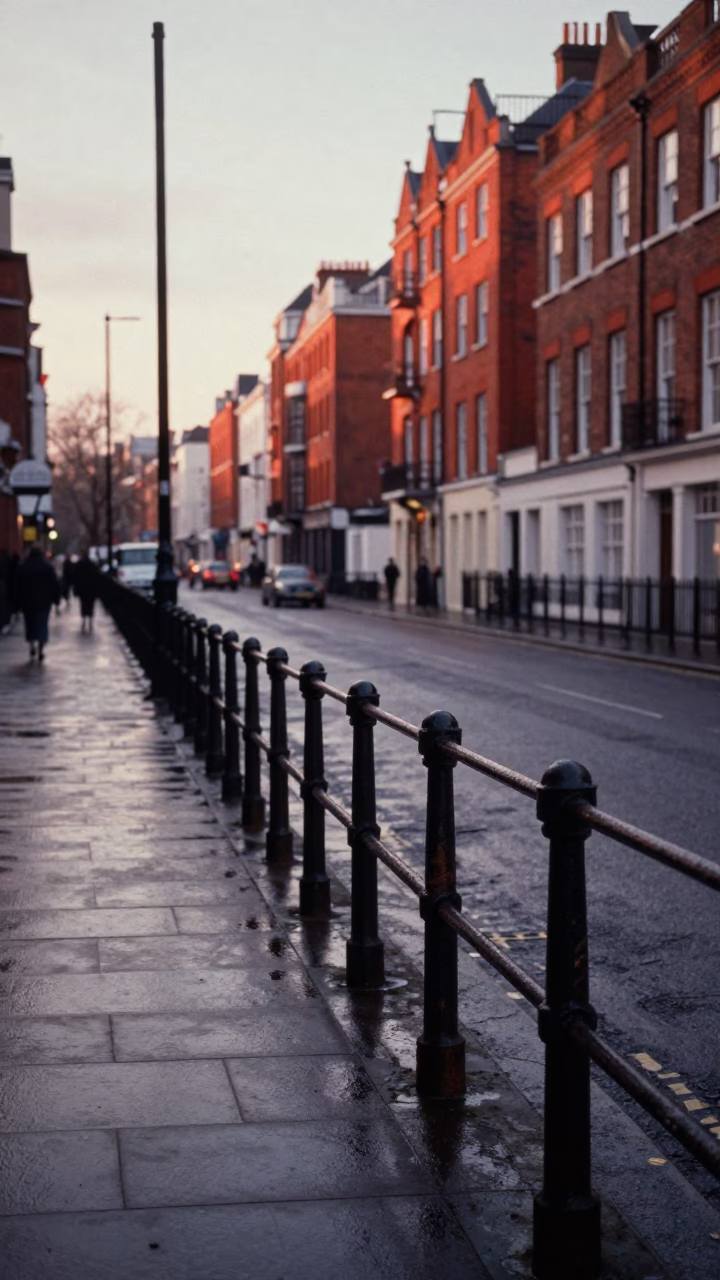 London Dawn Street Scene with Weathered Railings and Early Morning Light in in London, United Kingdom