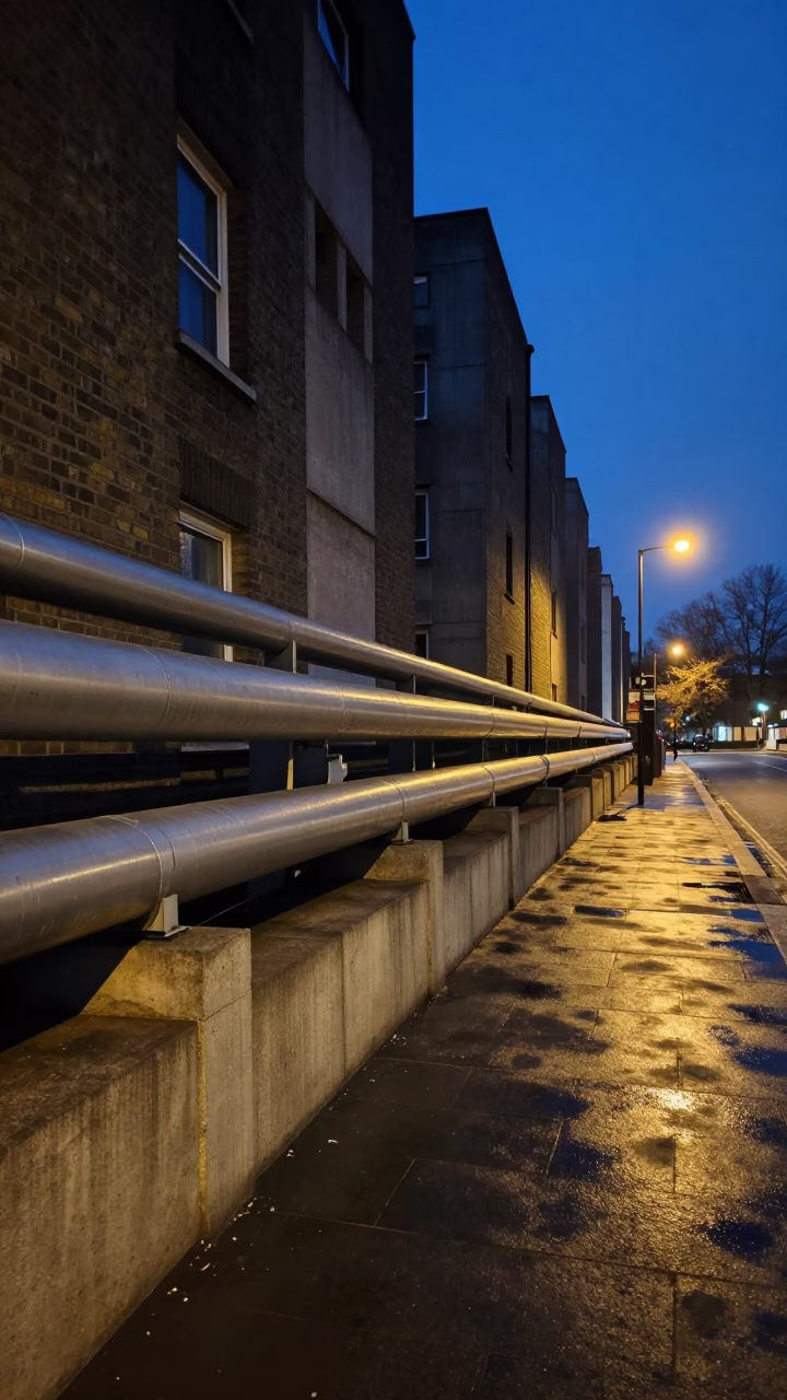 London District Heating Pipes Between Concrete Blocks at Midnight in in London, United Kingdom