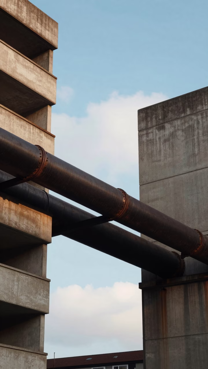 London District Heating Pipes Crossing Concrete Apartment Blocks in Late Afternoon Light in in London, United Kingdom
