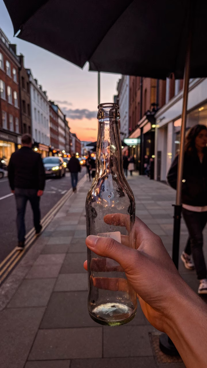 London Dusk Street Scene with Glass Bottles and Umbrella Near Brick Wall in in London, United Kingdom