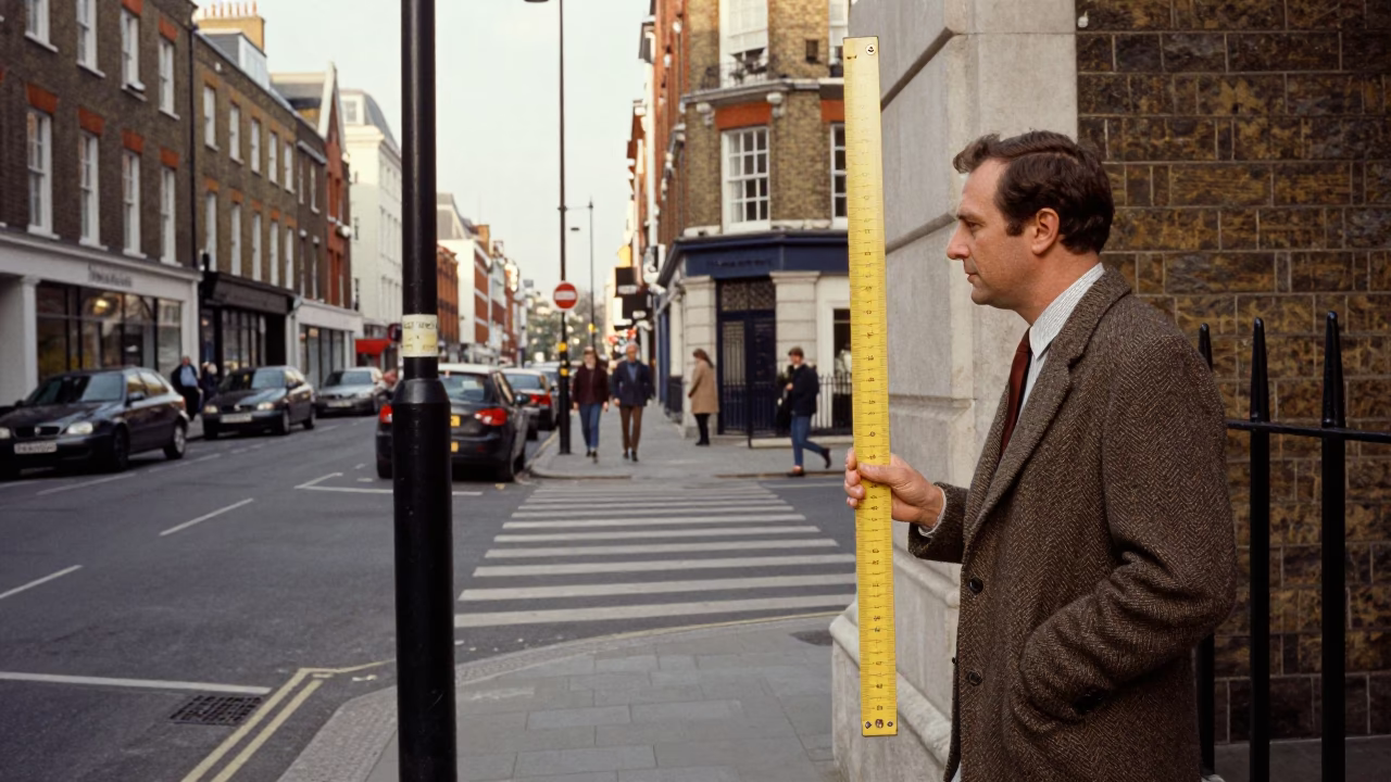 London Early Afternoon Street Scene with Folding Ruler and Urban Details in in London, United Kingdom