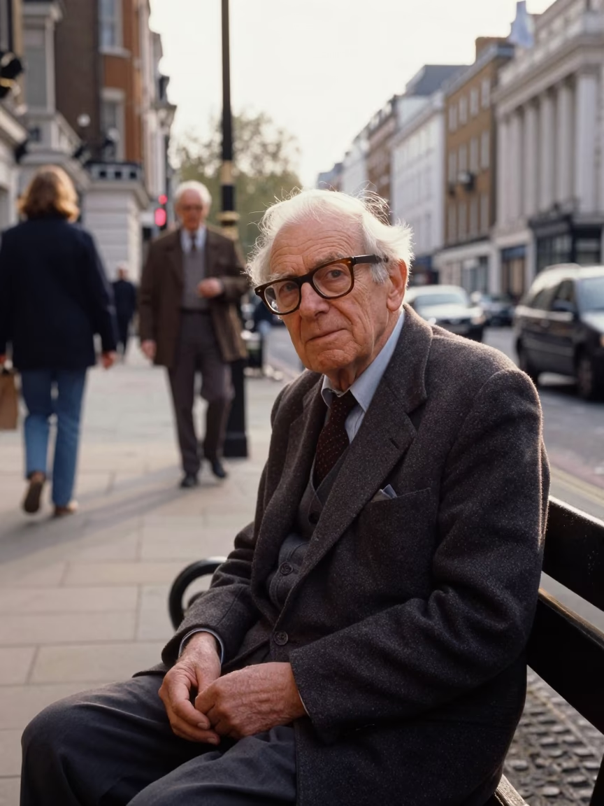 London Early Afternoon Street Scene with Retired Astronomer and Jade Plant Bonsai in in London, United Kingdom