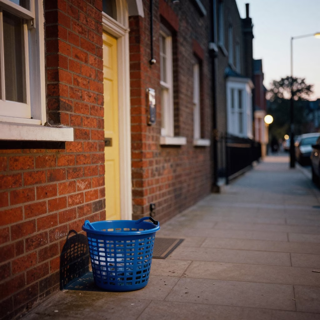 London Early Evening Street Scene with Laundry Basket and Tea Stains on Sill in in London, United Kingdom