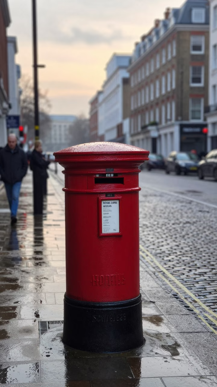 London Early Morning Street Scene with Red Post Box and Cobblestone Sidewalk in in London, United Kingdom