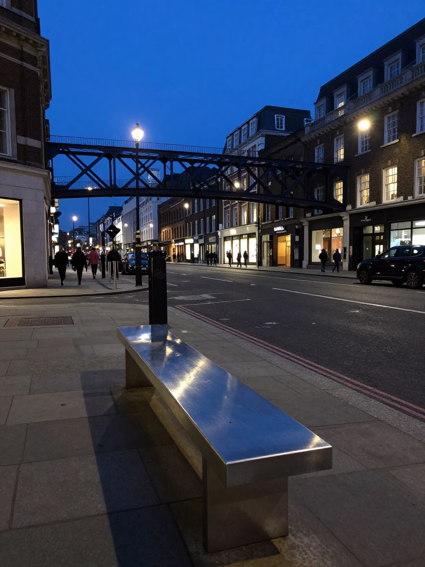 London Evening Blue Hour Bridge Street Scene with Steel Bench and Tarmac in in London, United Kingdom
