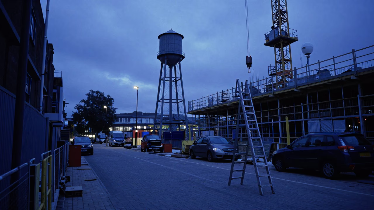 London Evening Blue Hour Construction Site with Ladder and Rebar Bundles in in London, United Kingdom