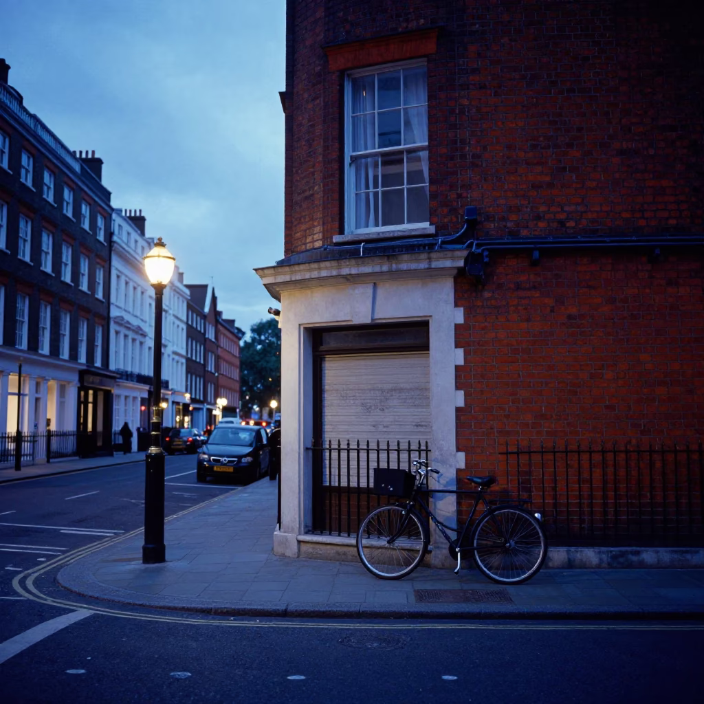 London Evening Blue Hour Street Scene with Bicycle and Glass Bench in in London, United Kingdom