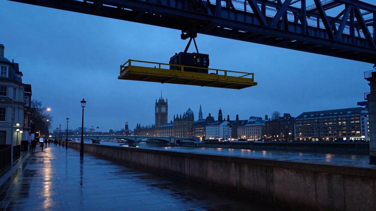 London Evening Blue Hour Street Scene with Bridge Maintenance Equipment in in London, United Kingdom