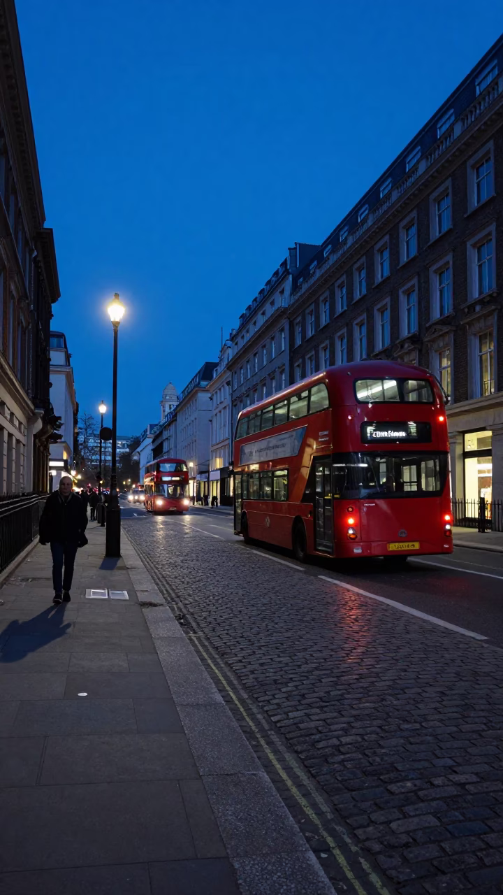 London Evening Blue Hour Street Scene with Cobblestones and Vintage Details in in London, United Kingdom