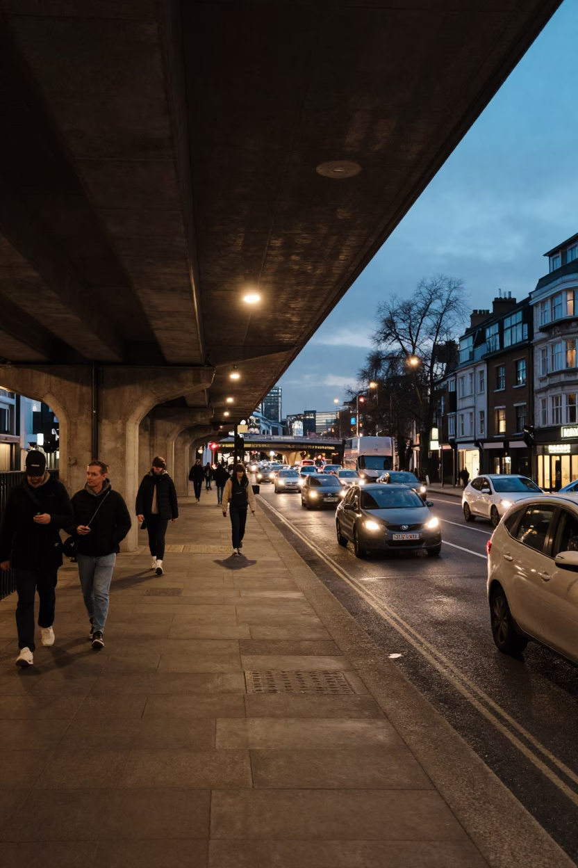 London evening commute under flyover with traffic shadows and railway signal cabin in in London, United Kingdom