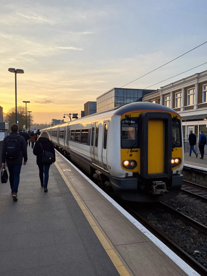 London Evening Commuter Train at Platform With Morning Commuers Honeyed Light in in London, United Kingdom
