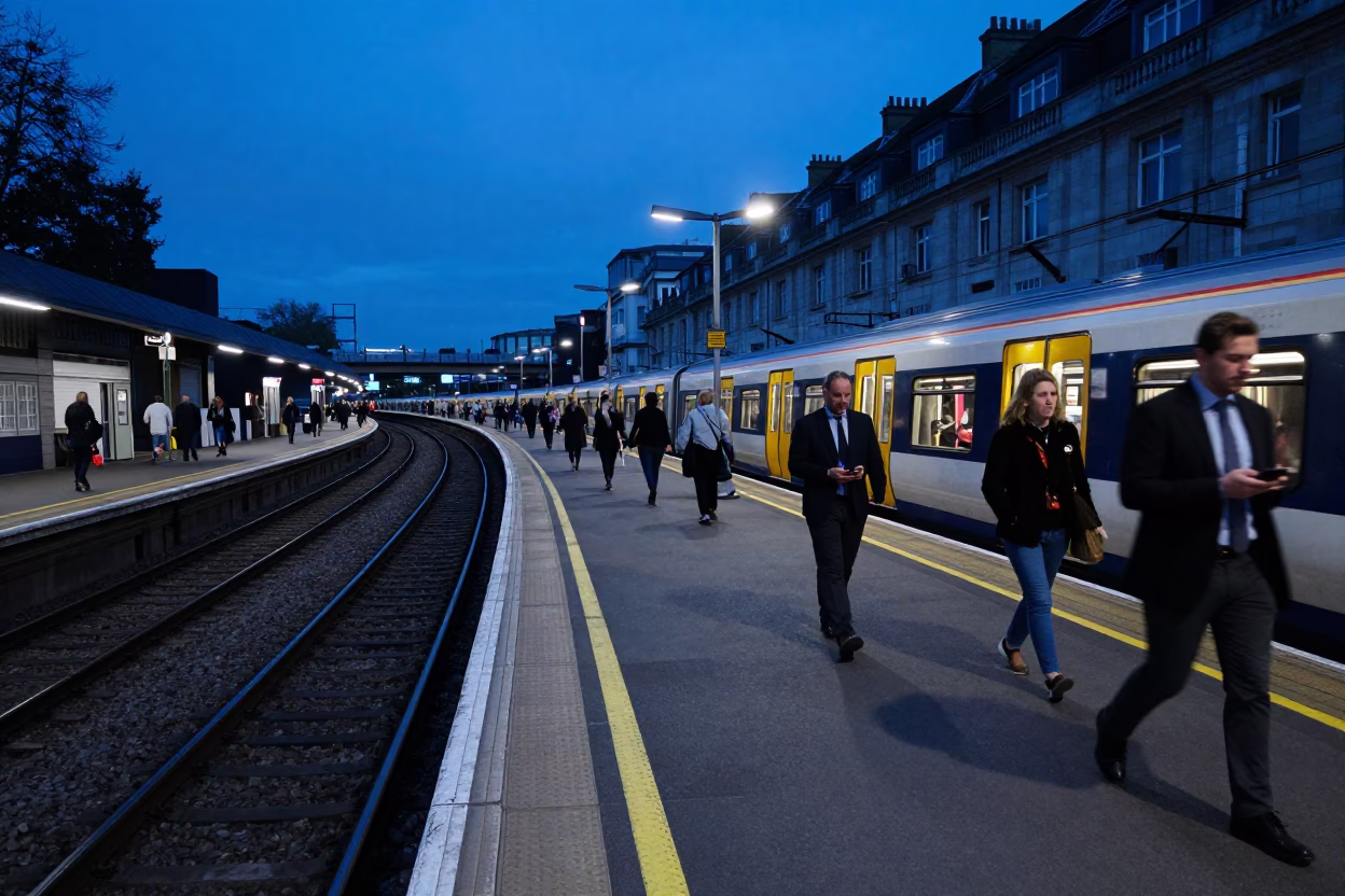 London Evening Commuter Train at Platform with Steel Sill and Urban Details in in London, United Kingdom