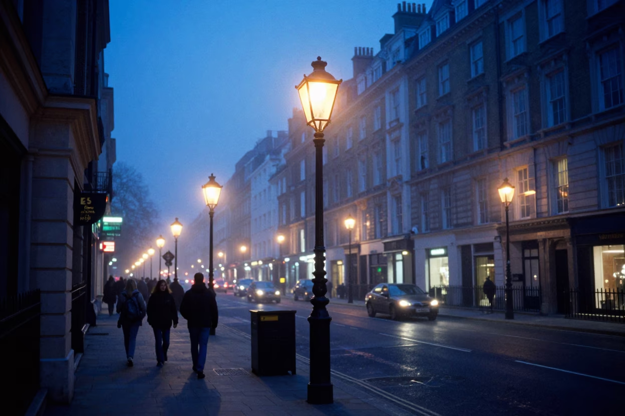 London Evening Dusk Street Scene with Lantern Glow and Urban Activity in in London, United Kingdom