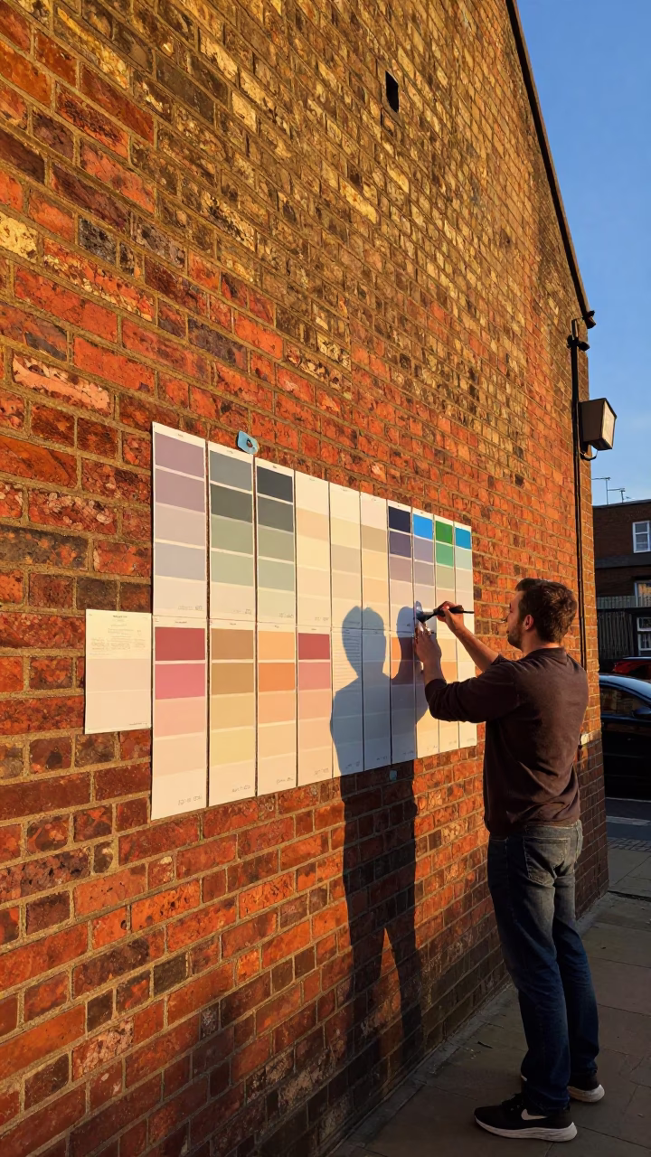 London Evening Light on Brick Wall Mural Swatches and Glass Tumbler in in London, United Kingdom