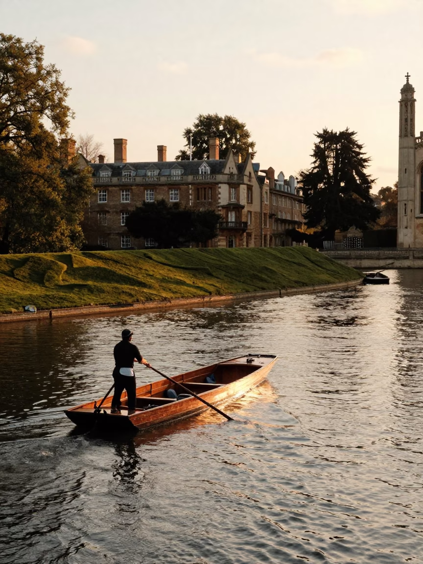 London Evening Light on River Thames with Punt and College Gardens in in London, United Kingdom