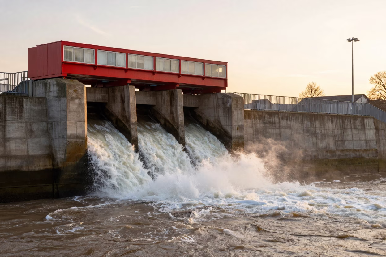 London Evening Spillway Chute Boiling White Beneath Red Maintenance Railings in Honeyed Light in in London, United Kingdom