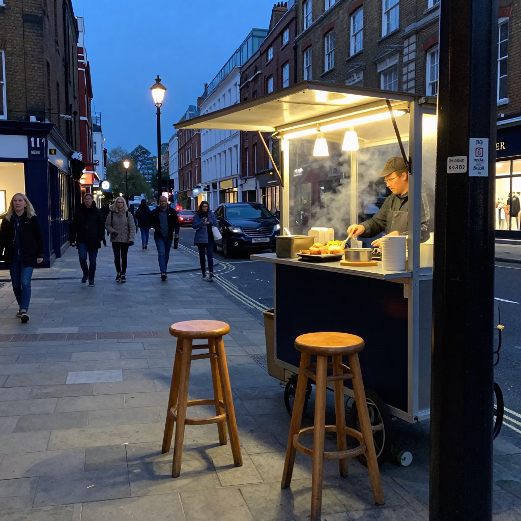 London Evening Street Scene with Bar Stools and Cooking Pot at Dusk in in London, United Kingdom