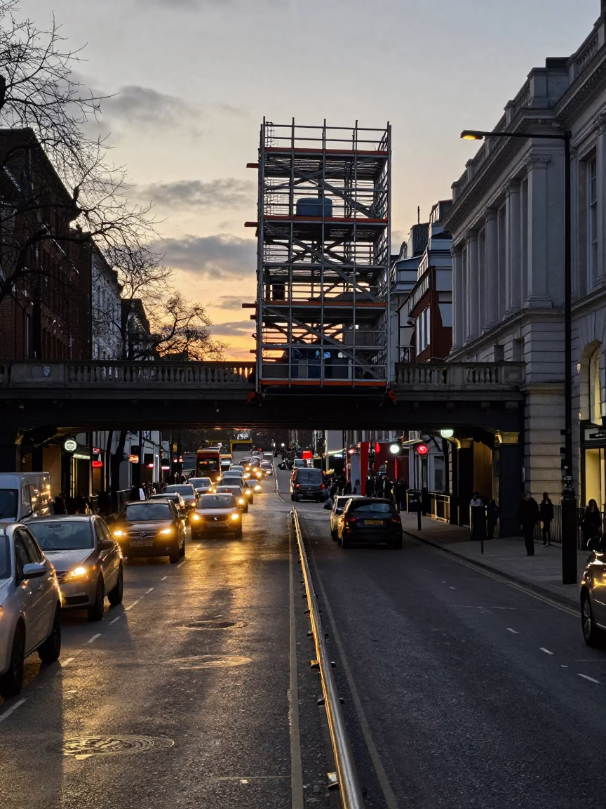 London Evening Street Scene with Bridge Maintenance Cage and Overpass Taillight Streaks in in London, United Kingdom