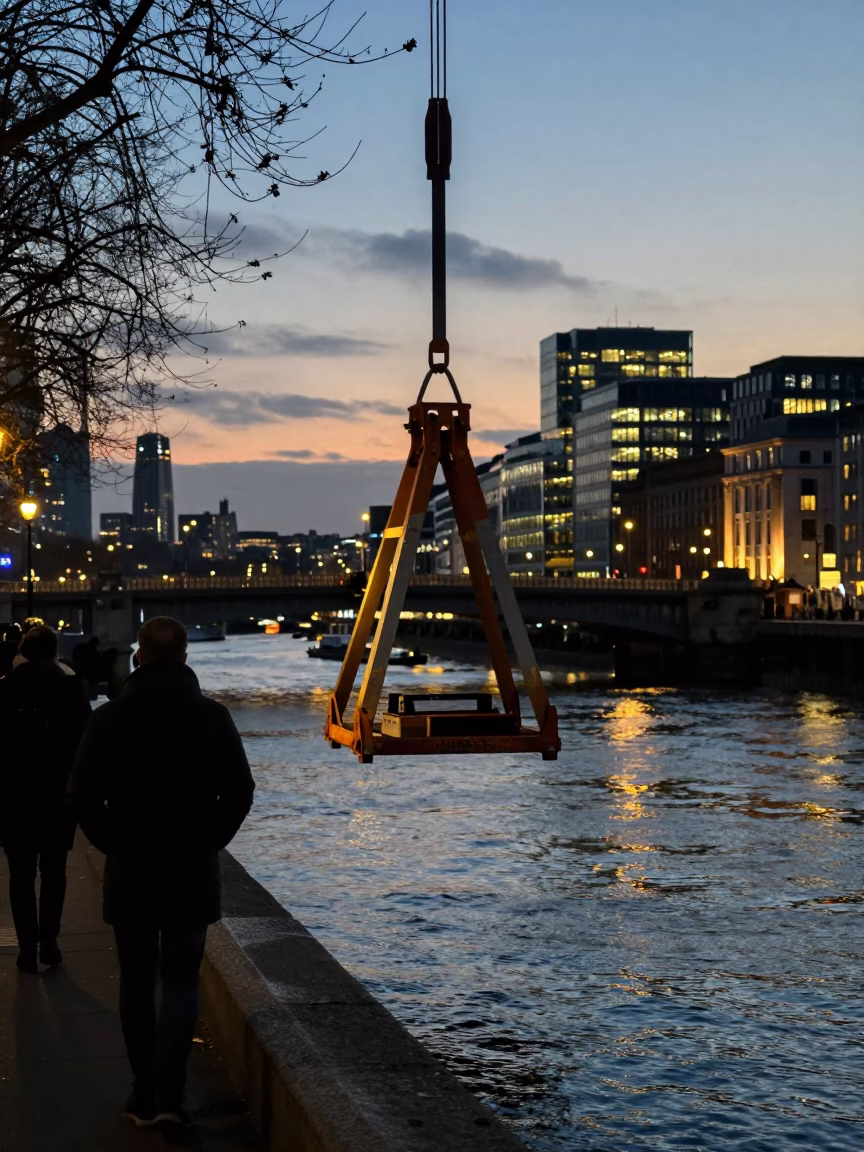 London Evening Street Scene with Bridge Maintenance Cradle and Urban Lights in in London, United Kingdom