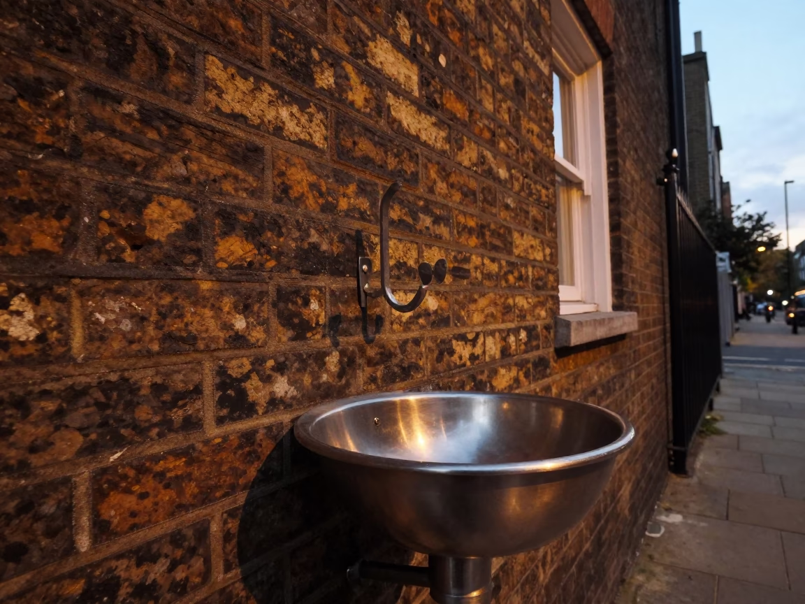 London Evening Street Scene with Brushed Steel Basin and Wall Hook in in London, United Kingdom