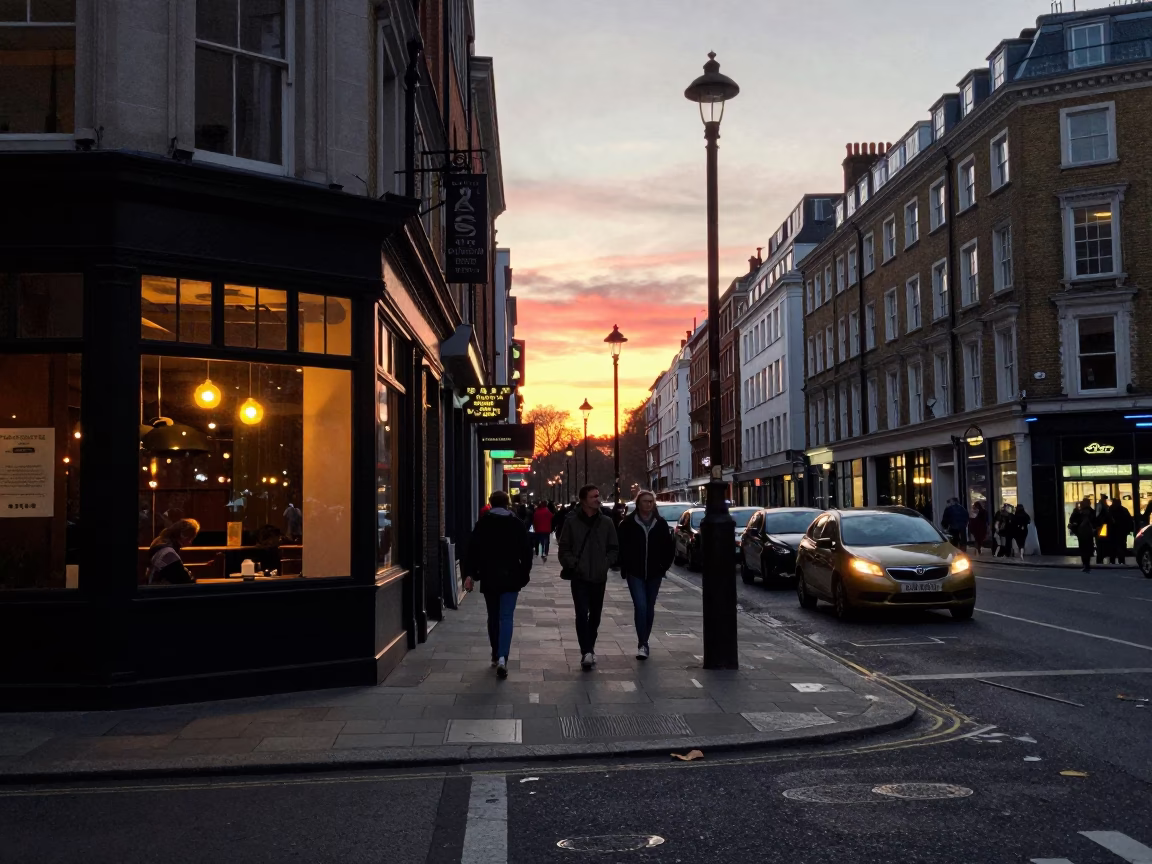 London Evening Street Scene with Cafe Window Light and Urban Life in in London, United Kingdom