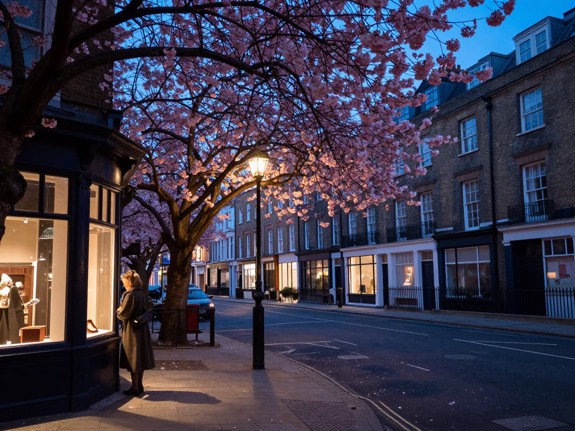 London Evening Street Scene with Cherry Blossoms and Vintage Atmosphere in in London, United Kingdom